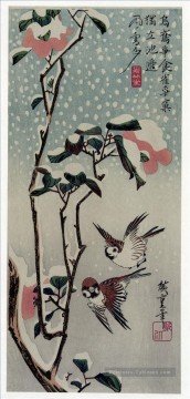 moineaux et camélias dans la neige 1838 Utagawa Hiroshige ukiyoe Peinture à l'huile